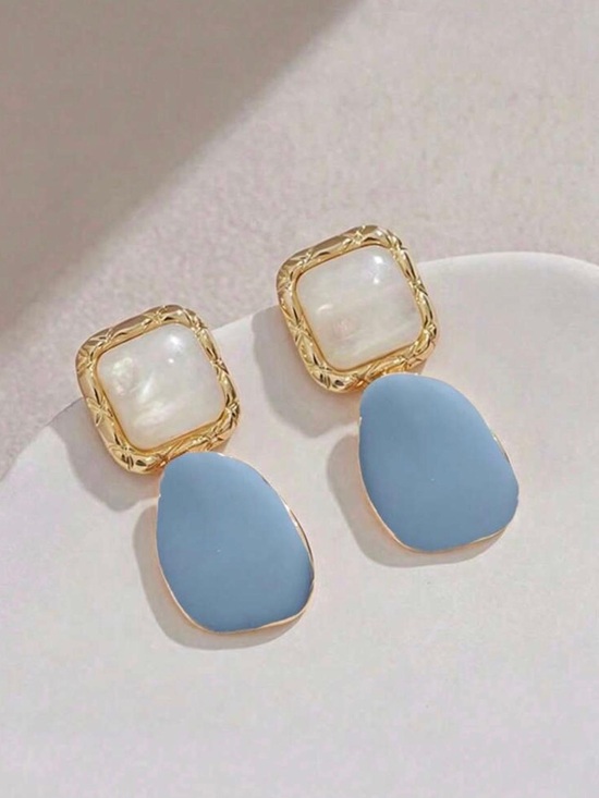 Anthropologie Jewelry - Gold-Tone Earrings with Light Blue Drops and Pearl Squares